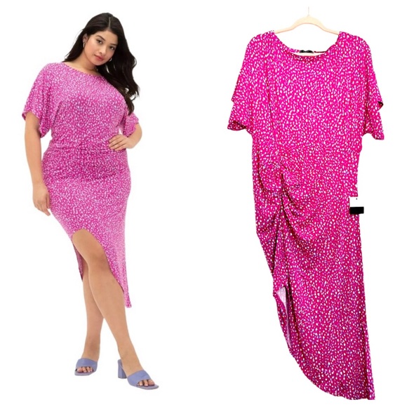 Eloquii Dresses & Skirts - Eloquii Plus Size 18/20 Dolman Sleeve Ruched Dress Asymmetrical Pink Party Dress